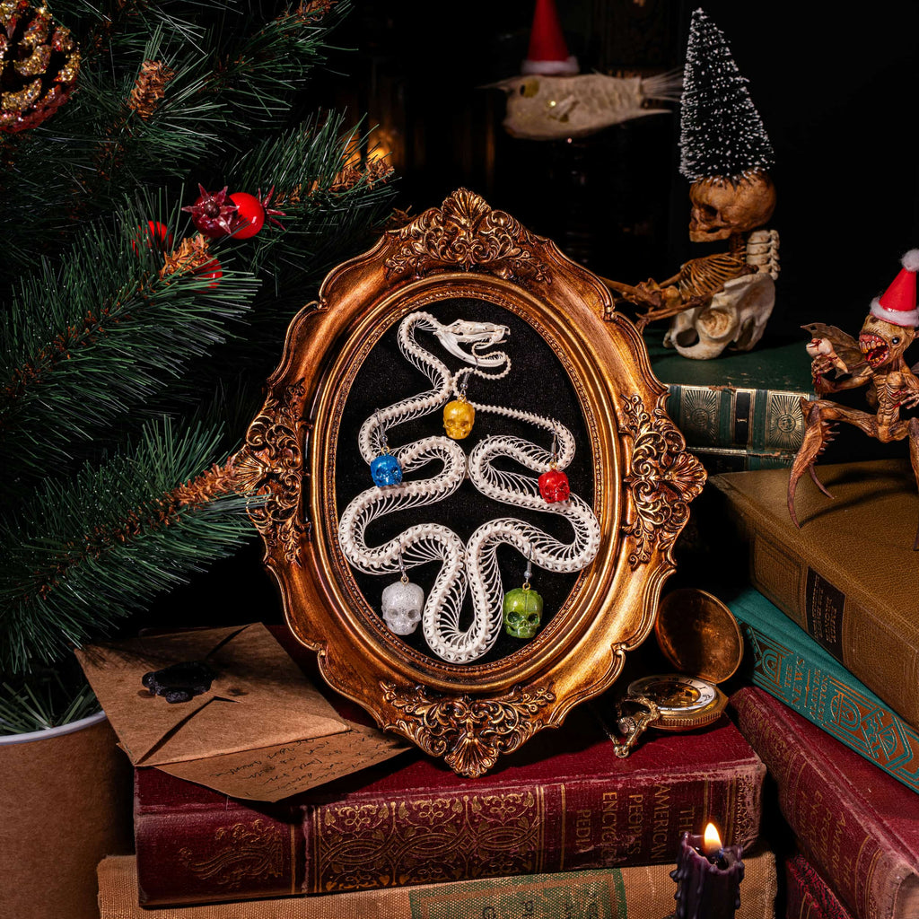 Snake skeleton Christmas Tree - Real Viper taxidermy with Skull Ball Ornaments on Gothic Frame image 14