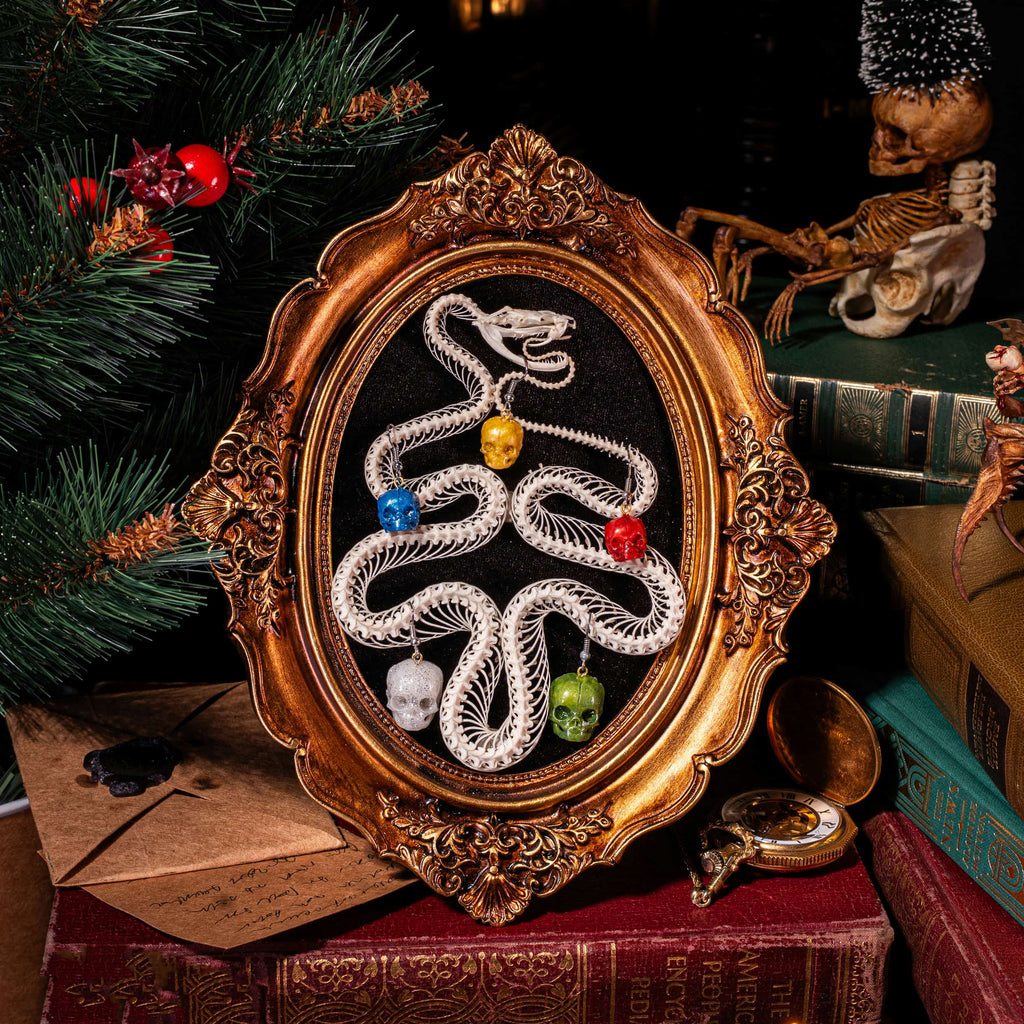 Snake skeleton Christmas Tree - Real Viper taxidermy with Skull Ball Ornaments on Gothic Frame image 2