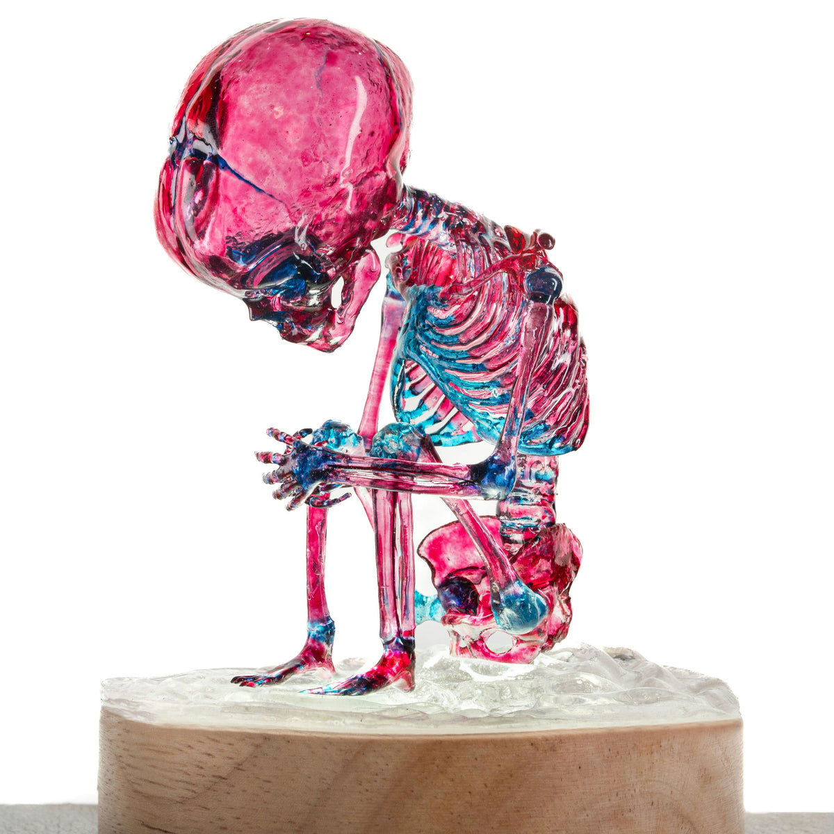 3D printed diaphonized fetus skeleton night light on wooden base