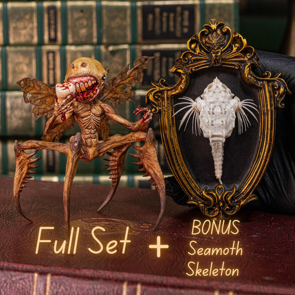3D printed Tooth Fairy Hellboy figurine with skeletal wings, sharp claws, and a grotesque grin holding a tooth, surrounded by scattered white teeth. Hand-painted in bone, red, and brown tones, this dark fantasy collectible doubles as a tooth holder, making it perfect for gothic decor, horror props, or a unique keepsake for children’s lost teeth.