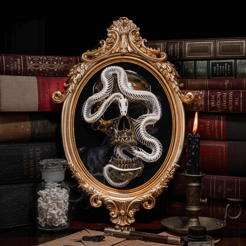 Real snake skeleton taxidermy on golden Gothic frame with 3D printed human skull, creepy wall hanging for horror decor lovers, oddities collector gift, macabre wall art featuring coiled snake and black velvet background, gothic wall sculpture for haunted room display, dark academia taxidermy centerpiece