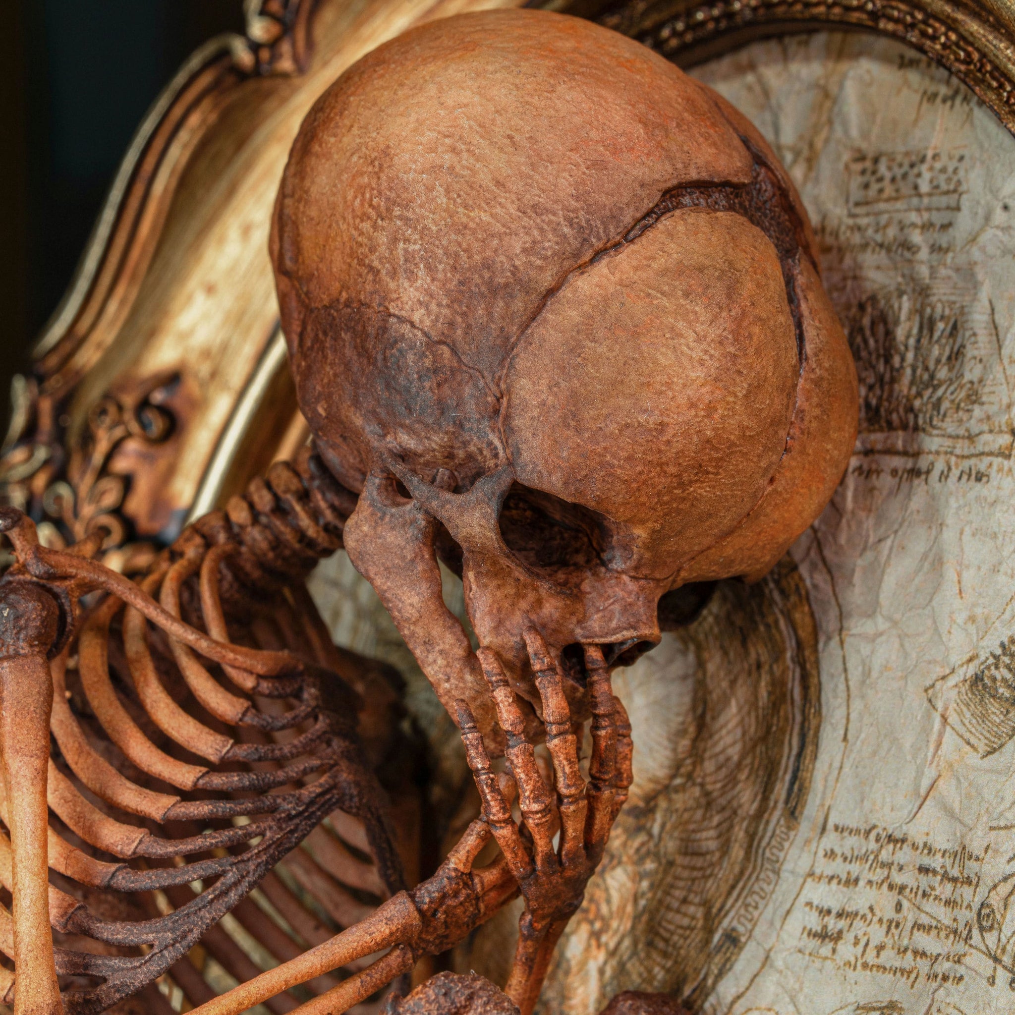 3D Printed Human Fetus Infant skeleton on Vintage frame, hand