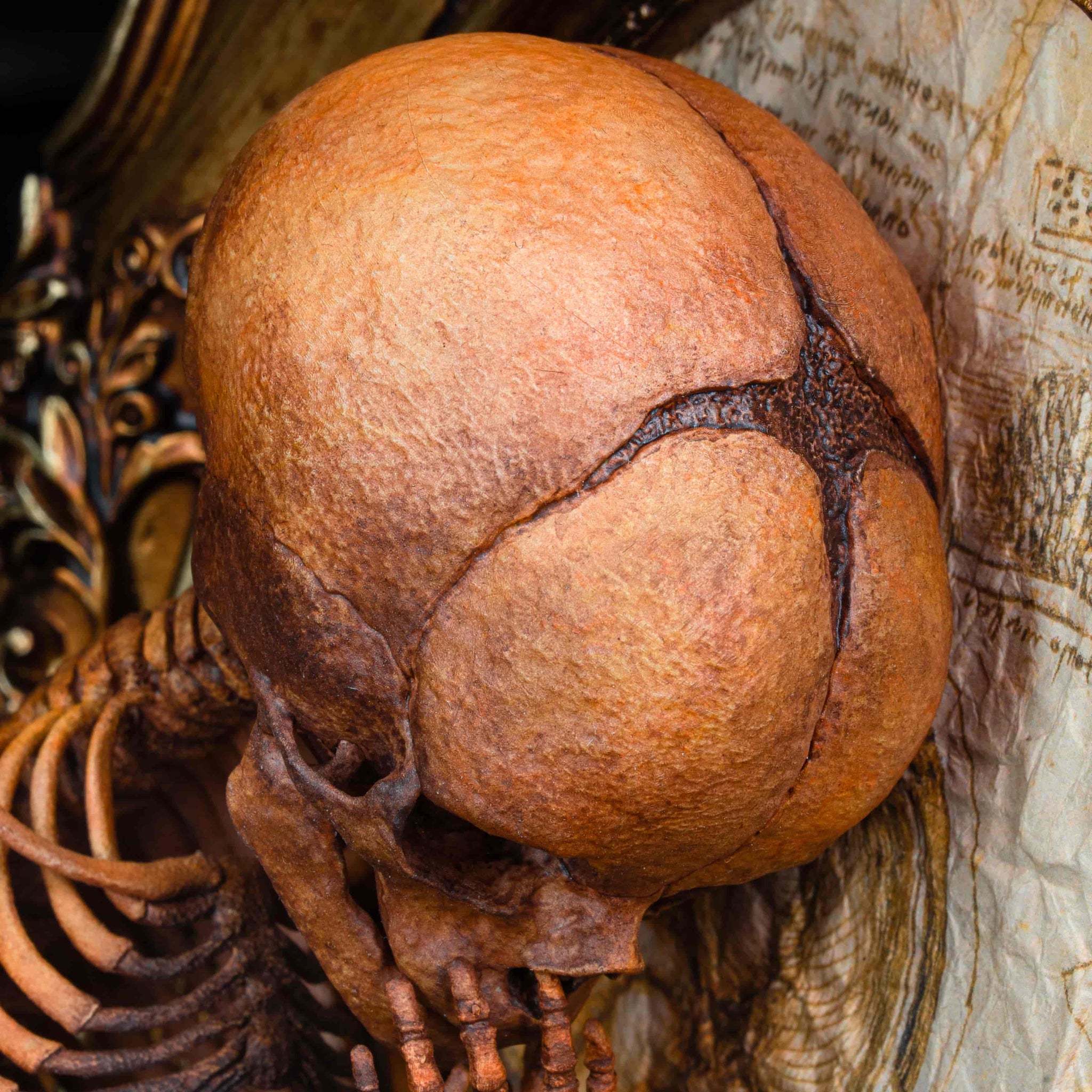 3D Printed Human Fetus Infant skeleton on Vintage frame, hand