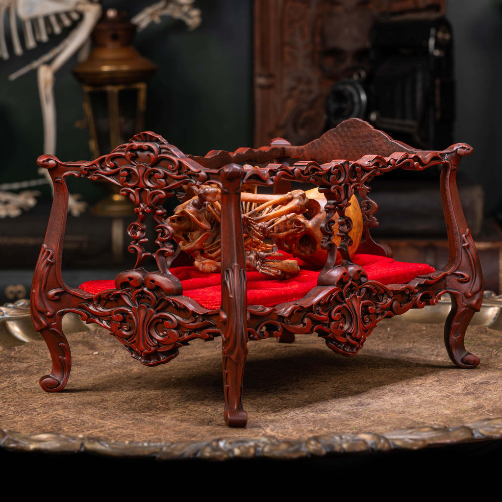 May include: A human skull and skeletal remains lying on a red velvet cushion inside a carved wooden frame. The frame is intricately detailed with ornate carvings and a dark red finish.