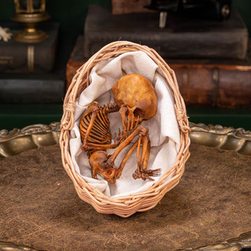 Anatomically accurate baby human fetus skeleton displayed in a handwoven wicker cradle.
Human skull. Human skeleton. Oddities and curiosities. Gothic home decor. Dark academia. Witchcraft collectibles. Horror nursery display. Afterlife symbolism. Creepy cradle art piece.